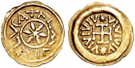 Monete di zecche italiane 
 Lucca 
 Anonime longobarde, sec. VII-VIII. 
 Tremisse, El. 1,21 g. + FLAVIA LVCA Stella a sei raggi accantonata da trat...