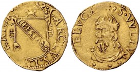 Monete di zecche italiane 
 Lucca 
 Scudo del sole 1552, AV 3,34 g. CAROLVS·IMPERATOR· Stemma con giglio in cimasa; sopra, 15 Sole raggiante 52. Rv....