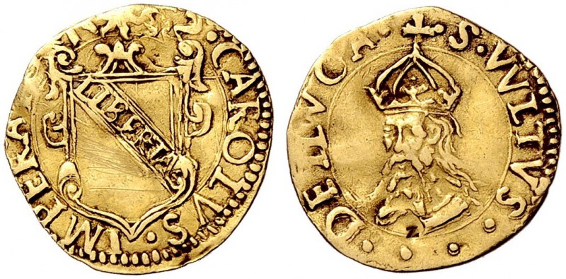 Monete di zecche italiane 
 Lucca 
 Mezzo scudo del sole 1552, AV 1,60 g. CARO...