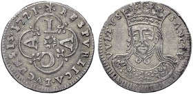 Monete di zecche italiane 
 Lucca 
 Grosso da 3 bolognini 1721, AR 1,50 g. Leggenda intorno alle lettera LVCA disposta a croce entro cornice quadril...