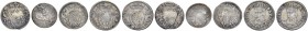 Monete di zecche italiane 
 Lucca 
 Lotto di 5 monete. 
 Grosso 1766 (2), AR 1,46 e 1,41 g., MIR 230/4; mezzo grosso 1768, AR 1,27 g., MIR 229; mez...
