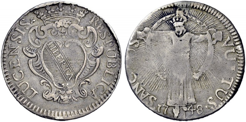 Monete di zecche italiane 
 Lucca 
 San Martino da 25 bolognini 1748, AR 8,43 ...