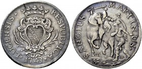 Monete di zecche italiane 
 Lucca 
 Scudo 1743, AR 25,55 g. Stemma coronato. Rv. San Martino, a cavallo verso s., taglia il mantello per il Santo. C...