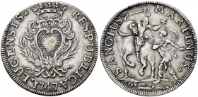 Monete di zecche italiane 
 Lucca 
 Scudo 1747, AR 26,33 g. Stemma coronato. Rv. San Martino, a cavallo verso s., taglia il mantello per il Santo. C...