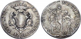 Monete di zecche italiane 
 Lucca 
 Scudo 1751, AR 26,36 g. Stemma coronato. Rv. San Martino, a cavallo verso s., taglia il mantello per il Santo. C...