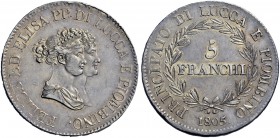 Monete di zecche italiane 
 Lucca 
 Elisa Bonaparte e Felice Baciocchi, 1805-1814. 
 Da 5 franchi 1805. Pagani 251b. Bellesia 23. MIR 244/2.
 Spl