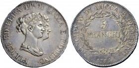 Monete di zecche italiane 
 Lucca 
 Elisa Bonaparte e Felice Baciocchi, 1805-1814. 
 Da 5 franchi 1806. Pagani 252. Bellesia 4. MIR 244/2.
 q.Spl ...