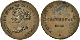 Monete di zecche italiane 
 Lucca 
 Da 5 centesimi 1806. Pagani 259. Bellesia 6. MIR 246.
 Spl