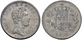 Monete di zecche italiane 
 Lucca 
 Da 2 lire 1837. Pagani 261. Bellesia 12. MIR 258.
 Raro. Spl