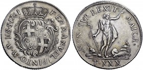 Monete di zecche italiane 
 Malta 
 Emmanuel Pinto, 1741-1773. 
 Da 30 tarì 1761, AR 29,34 g. F EMMANVEL PINTO M M H S S 1761 Stemma coronato del G...