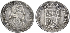 Monete di zecche italiane 
 Massa di Lunigiana 
 Secondo periodo: Duca 1664-1690. 
 Da 7 bolognini 1667, AR 2,06 g. ALBERIC II S R I ET MASSÆ DVX I...