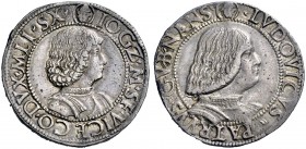 Monete di zecche italiane 
 Milano 
 Giovan Galeazzo Maria Sforza e Ludovico Maria Sforza tutore, 1481-1494. 
 Testone, AR 9,63 g. Testina di S. Am...