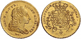 Monete di zecche italiane 
 Napoli 
 Carlo di Borbone, 1734-1759. 
 Da 6 ducati 1754, AV 8,83 g. CAR D G UTR – SIC ET HIER REX Busto drappeggiato a...