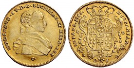 Monete di zecche italiane 
 Napoli 
 Ferdinando IV (poi I) di Borbone, 1759-1825. I periodo: 1759-1799. 
 Da 6 ducati 1765, AV 8,77 g. FERDINAND IV...
