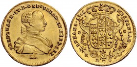 Monete di zecche italiane 
 Napoli 
 Ferdinando IV (poi I) di Borbone, 1759-1825. I periodo: 1759-1799. 
 Da 6 ducati 1766, AV 8,81 g. FERDINAND IV...