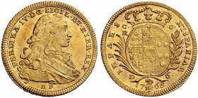 Monete di zecche italiane 
 Napoli 
 Ferdinando IV (poi I) di Borbone, 1759-1825. I periodo: 1759-1799. 
 Da 6 ducati 1768, AV 8,81 g. FERDINA IV D...