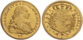 Monete di zecche italiane 
 Napoli 
 Ferdinando IV (poi I) di Borbone, 1759-1825. I periodo: 1759-1799. 
 Da 6 ducati 1768, AV 8,82 g. FERDINA IV D...