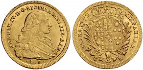 Monete di zecche italiane 
 Napoli 
 Ferdinando IV (poi I) di Borbone, 1759-1825. I periodo: 1759-1799. 
 Da 6 ducati 1772, AV 8,82 g. FERDIN IV D ...