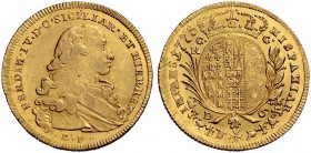 Monete di zecche italiane 
 Napoli 
 Ferdinando IV (poi I) di Borbone, 1759-1825. I periodo: 1759-1799. 
 Da 6 ducati 1775, AV 8,80 g. FERDIN IV D ...