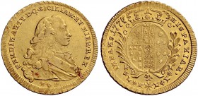 Monete di zecche italiane 
 Napoli 
 Ferdinando IV (poi I) di Borbone, 1759-1825. I periodo: 1759-1799. 
 Da 6 ducati 1777 (7 su 6), AV 8,83 g. FER...
