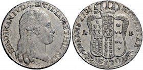 Monete di zecche italiane 
 Napoli 
 Ferdinando IV (poi I) di Borbone, 1759-1825. I periodo: 1759-1799. 
 Piastra 1798, AR 27,39 g. Testa a d. Rv. ...