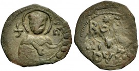 Monete di zecche italiane 
 Salerno 
 Ruggero Borsa, 1085-1111. 
 Follaro, Æ 2,49. Busto di S. Matteo nimbato, di fronte; ai lati S – M. Rv. Astro ...