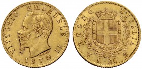 Monete di zecche italiane 
 Savoia 
 Regno d’Italia. Vittorio Emanuele II, 1861-1878. 
 Da 20 lire 1870. Torino. Pagani 465. MIR 1078l.
 Molto rar...