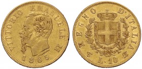 Monete di zecche italiane 
 Savoia 
 Regno d’Italia. Vittorio Emanuele II, 1861-1878. 
 Da 10 lire 1865. Torino. Pagani 478. MIR 1079f.
 Molto rar...