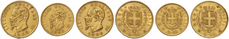 Monete di zecche italiane 
 Savoia 
 Lotto di tre monete. 
 Da 20 lire 1863/T...