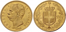 Monete di zecche italiane 
 Savoia 
 Umberto I, 1878-1900. 
 Da 100 lire 1882. Pagani 568. MIR 1096b.
 Molto raro. Migliore di Spl
