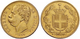 Monete di zecche italiane 
 Savoia 
 Umberto I, 1878-1900. 
 Da 50 lire 1884. Pagani 572. MIR 1097a.
 Raro. q.Spl