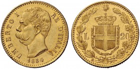 Monete di zecche italiane 
 Savoia 
 Umberto I, 1878-1900. 
 Da 20 lire 1884. Pagani 580. MIR 1098i.
 Molto raro. q.Fdc