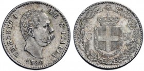Monete di zecche italiane 
 Savoia 
 Umberto I, 1878-1900. 
 Da 50 centesimi 1889. Pagani 608. MIR 1104a.
 Raro. q.Fdc