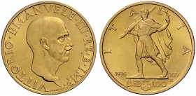 Monete di zecche italiane 
 Savoia 
 Vittorio Emanuele III, 1900-1946. 
 Da 100 lire 1936/XIV. Pagani 650. MIR 1119a.
 Molto raro. Fdc