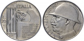 Monete di zecche italiane 
 Savoia 
 Vittorio Emanuele III, 1900-1946. 
 Da 20 lire 1928/VI. Elmetto. Pagani 680. MIR 1129a.
 q.Spl