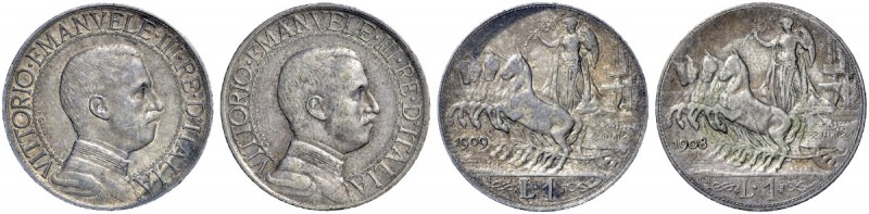 Monete di zecche italiane 
 Savoia 
 Lotto di due monete. 
 Lira 1908 e 1909....