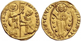 Monete di zecche italiane 
 Venezia 
 Francesco Foscari, 1423-1457. 
 Ducato, AV 3,58 g. S. Marco porge il vessillo al Doge genuflesso. Rv. Il Rede...