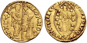 Monete di zecche italiane 
 Venezia 
 Alvise I Mocenigo, 1570-1577. 
 Zecchino, AV 3,47 g. S. Marco porge il vessillo al Doge genuflesso. Rv. Il Re...