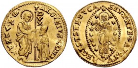 Monete di zecche italiane 
 Venezia 
 Alvise Contarini, 1676-1684. 
 Zecchino, AV 3,49 g. S. Marco porge il vessillo al Doge genuflesso. Rv. Il Red...