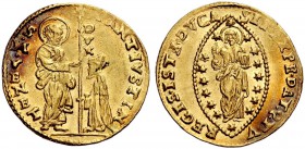 Monete di zecche italiane 
 Venezia 
 Marc’Antonio Giustinian, 1684-1688. 
 Zecchino, AV 3,47 g. S. Marco porge il vessillo al Doge genuflesso. Rv....