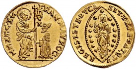 Monete di zecche italiane 
 Venezia 
 Francesco Morosini, 1688-1694. 
 Zecchino, AV 3,48 g. S. Marco porge il vessillo al Doge genuflesso. Rv. Il R...