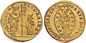 Monete di zecche italiane 
 Venezia 
 Paolo Ranier, 1779-1789. 
 Zecchino, AV 3,51 g. S. Marco porge il vessillo al Doge genuflesso. Rv. Il Redento...