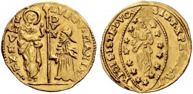 Monete di zecche italiane 
 Venezia 
 Ludovico Manin, 1789-1797. 
 Zecchino, AV 3,49 g. S. Marco porge il vessillo al Doge genuflesso. Rv. Il Reden...