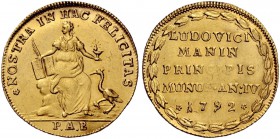 Monete di zecche italiane 
 Venezia 
 Ludovico Manin, 1789-1797. 
 Osella da 4 zecchini anno IV/1792, AV 13,91 g. NOSTRA IN HAC FELICITAS Figura mu...