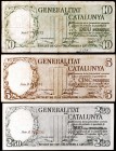 Generaliltat de Catalunya. 2,50 (rojo), 5 y 10 pesetas. (T. 1, 2 y 3a) (Ed. C23a, C24 y C25). 3 billetes, serie completa. BC/EBC.