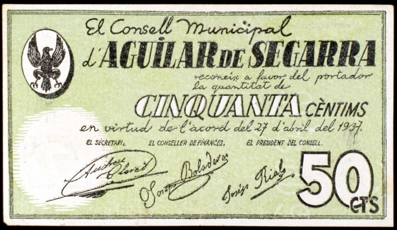 Aguilar de Segarra. 50 céntimos y 1 peseta. (T. 22 y 23). 2 billetes, todos los ...