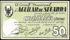 Aguilar de Segarra. 50 céntimos y 1 peseta. (T. 22 y 23). 2 billetes, todos los de la localidad. Escasos. MBC+.