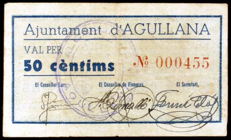Agullana. 50 céntimos y 1 peseta. (T. 24 y 26). 2 billetes. Raros. BC/MBC-.