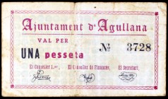 Agullana. 50 céntimos y 1 peseta. (T. 27 y 28). 2 billetes, serie completa. Muy raros. BC/MBC-.