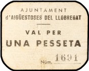Aigüestosses del Llobregat. 25, 50 céntimos y 1 peseta (dos). (T. 45 a 48). 4 cartones. Muy raros. La peseta con el nombre de la localidad escrito cor...